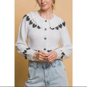 Collard Hearts Cardigan Sweater, Black/White, Women’s Size Small